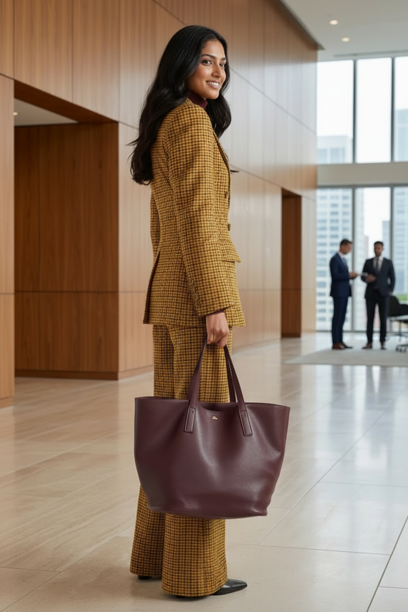 Women's Mustard Self-Textured Double-Breasted Business Suit Set | Premium Blazer & Wide-Leg Trousers