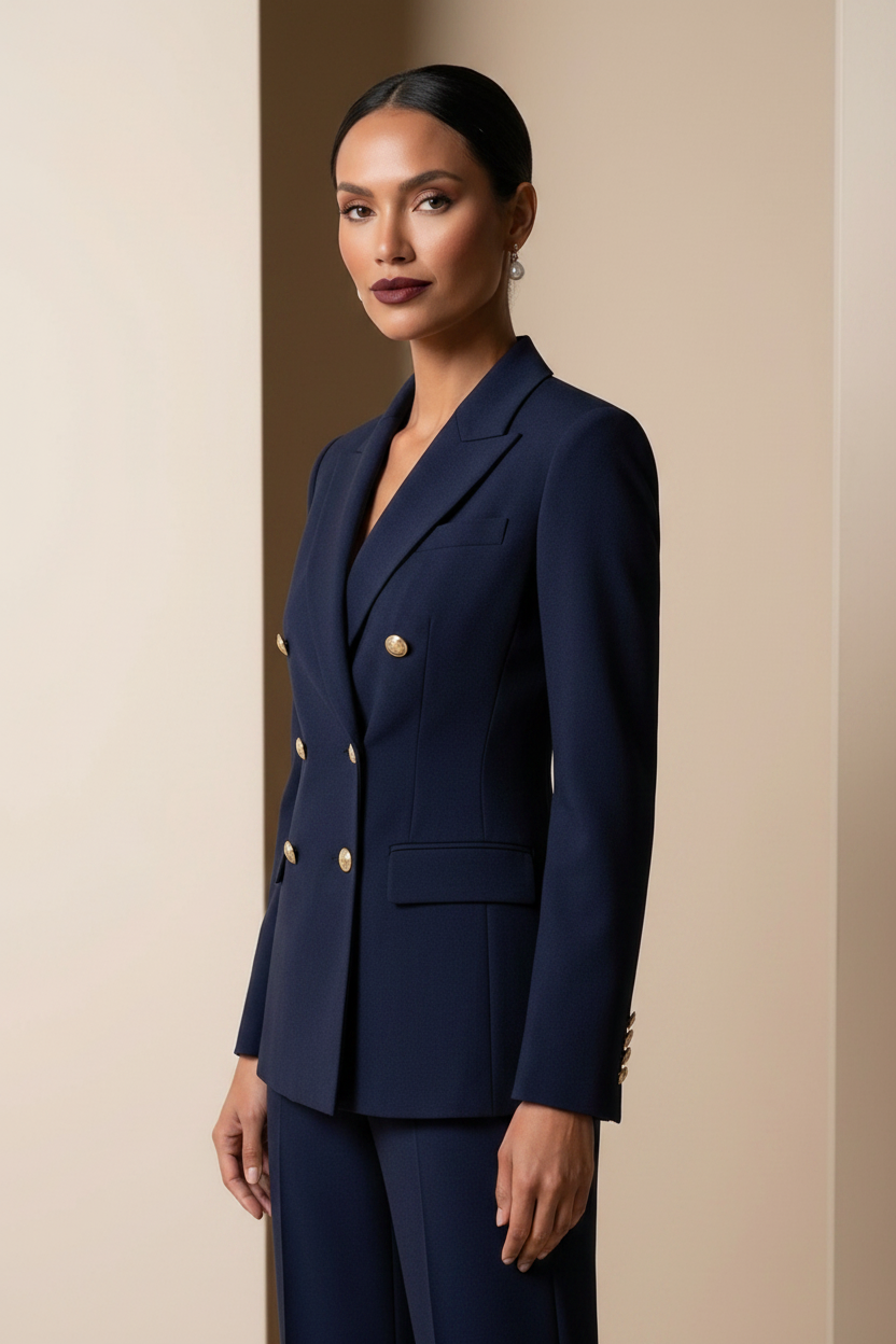 Luxury Navy Blue Self-Textured Power Suit for Women