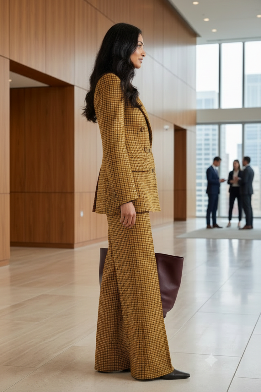 Women's Mustard Self-Textured Double-Breasted Business Suit Set | Premium Blazer & Wide-Leg Trousers