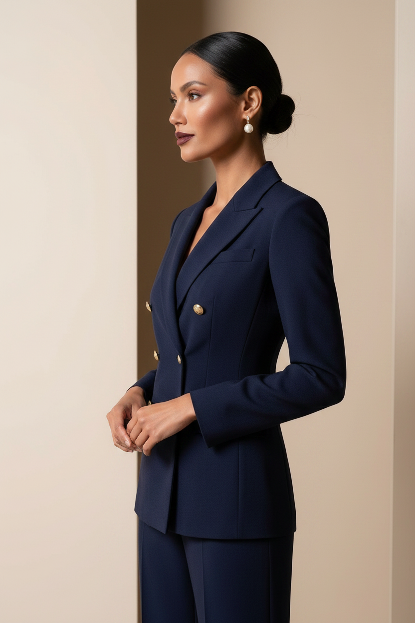 Luxury Navy Blue Self-Textured Power Suit for Women