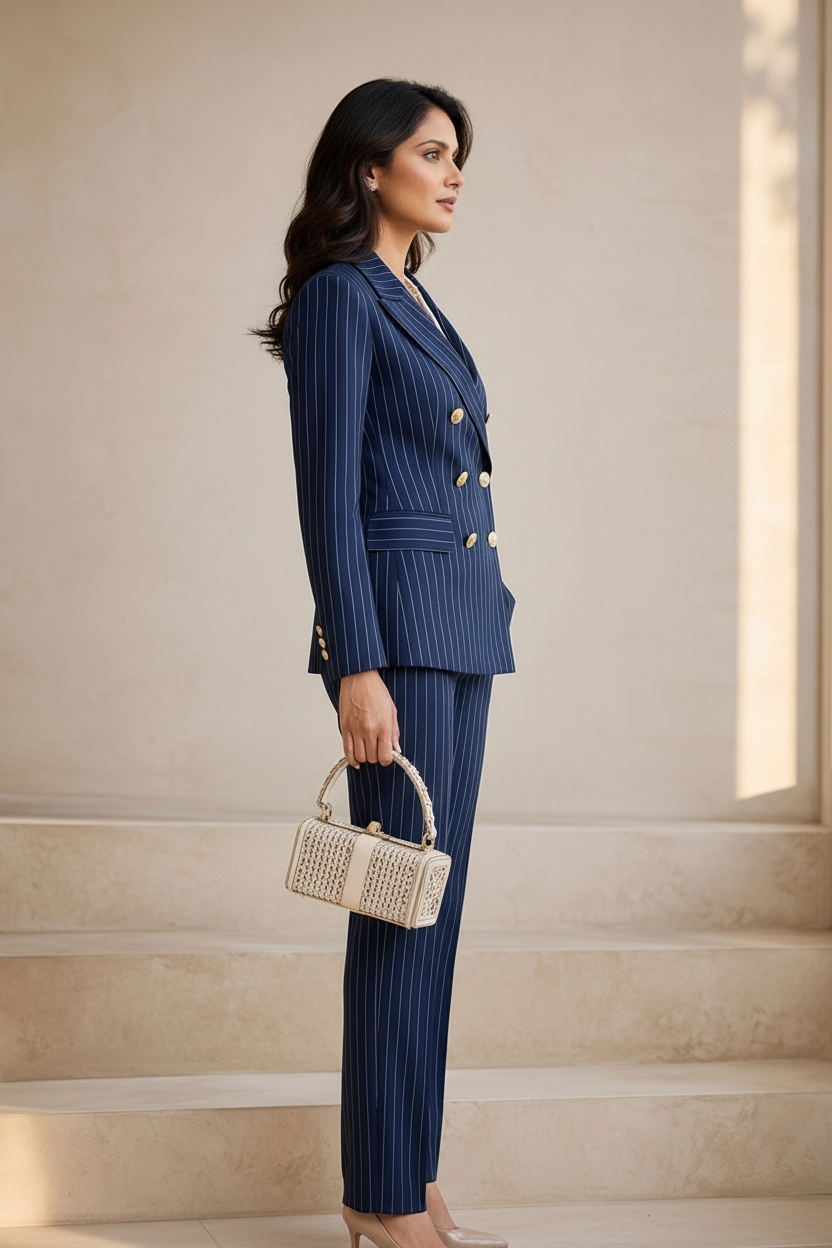 Premium Navy Blue Pinstripe Women's Blazer & Trouser Set