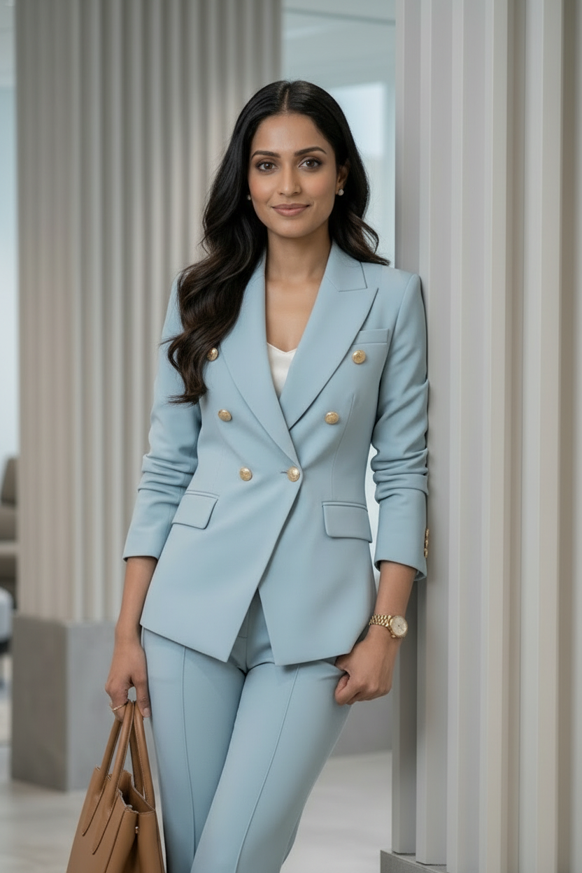 Sky Blue Self-Textured Women’s Power Suit – Double Breasted Blazer & Tailored Trousers Co-ord Set