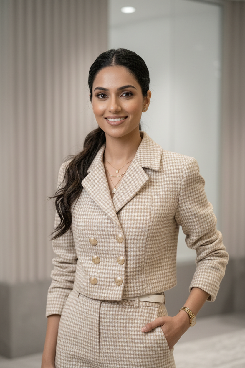 Beige Self-Textured Checkered Co-ord Set – Women’s Cropped Blazer & Tailored Trousers