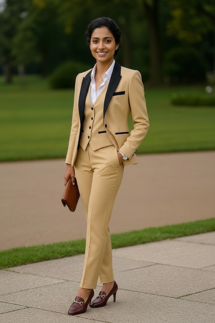 Beige Women’s Formal Three-Piece Power Suit – Blazer, Waistcoat & Tailored Trousers