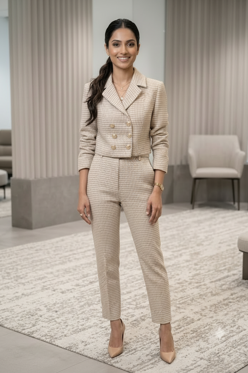 Beige Self-Textured Checkered Co-ord Set – Women’s Cropped Blazer & Tailored Trousers