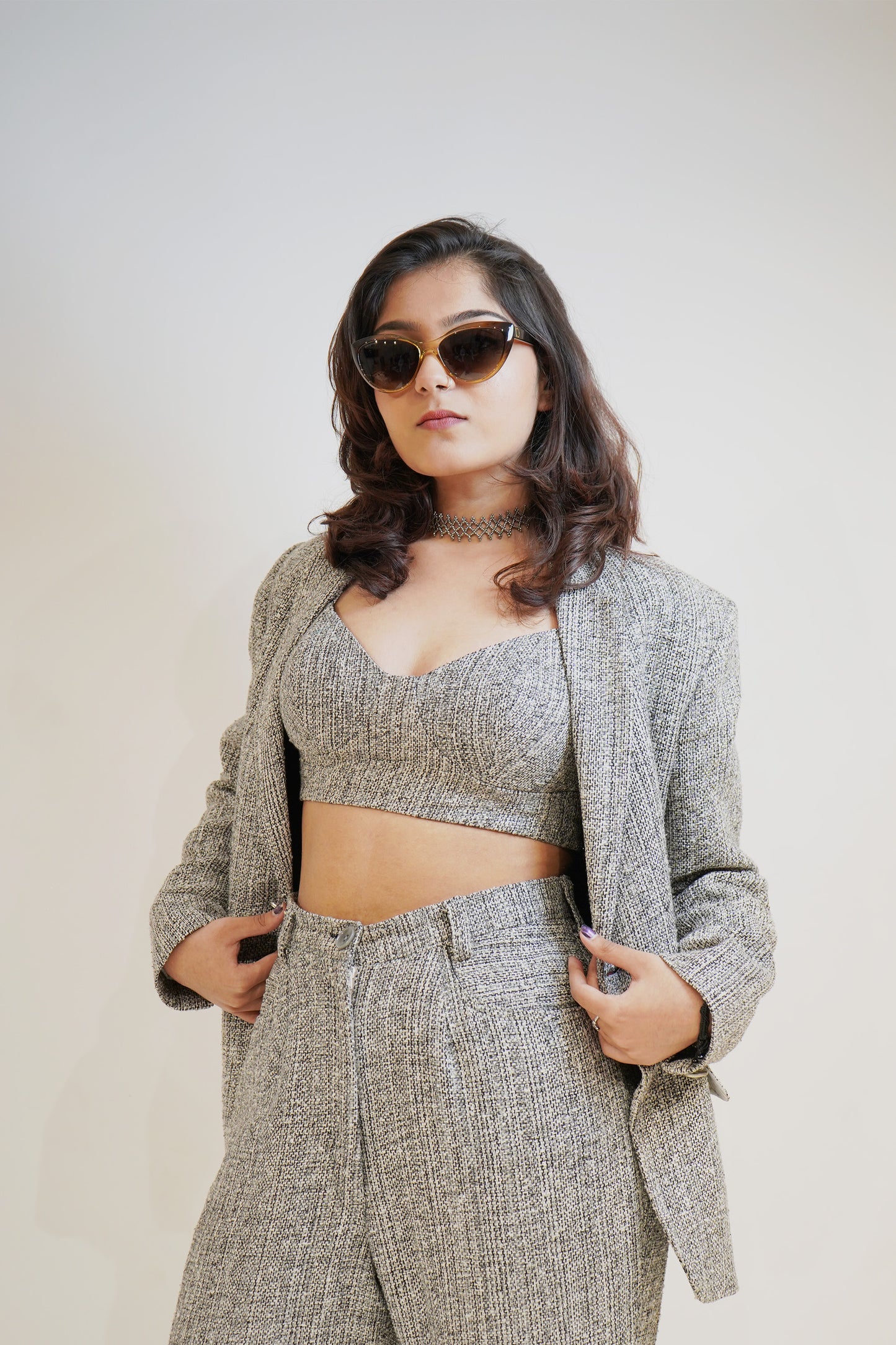Light Grey textured finish 3 piece co-ord Blazer Set.