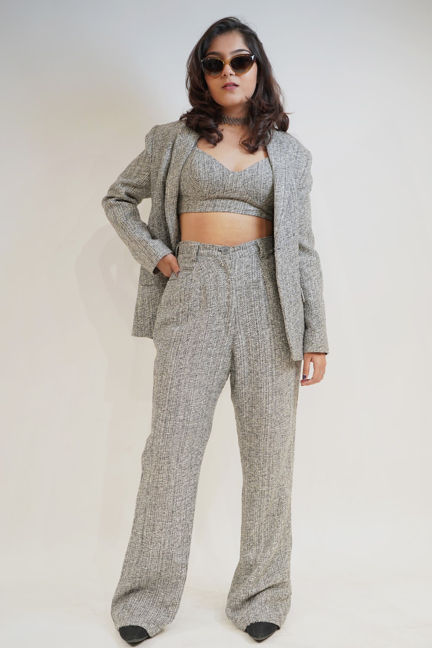 Light Grey textured finish 3 piece co-ord Blazer Set.
