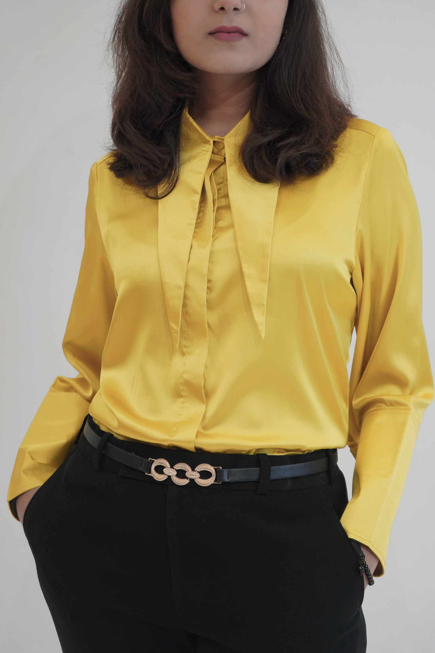 Yellow Satin shirt with pointed collar detail