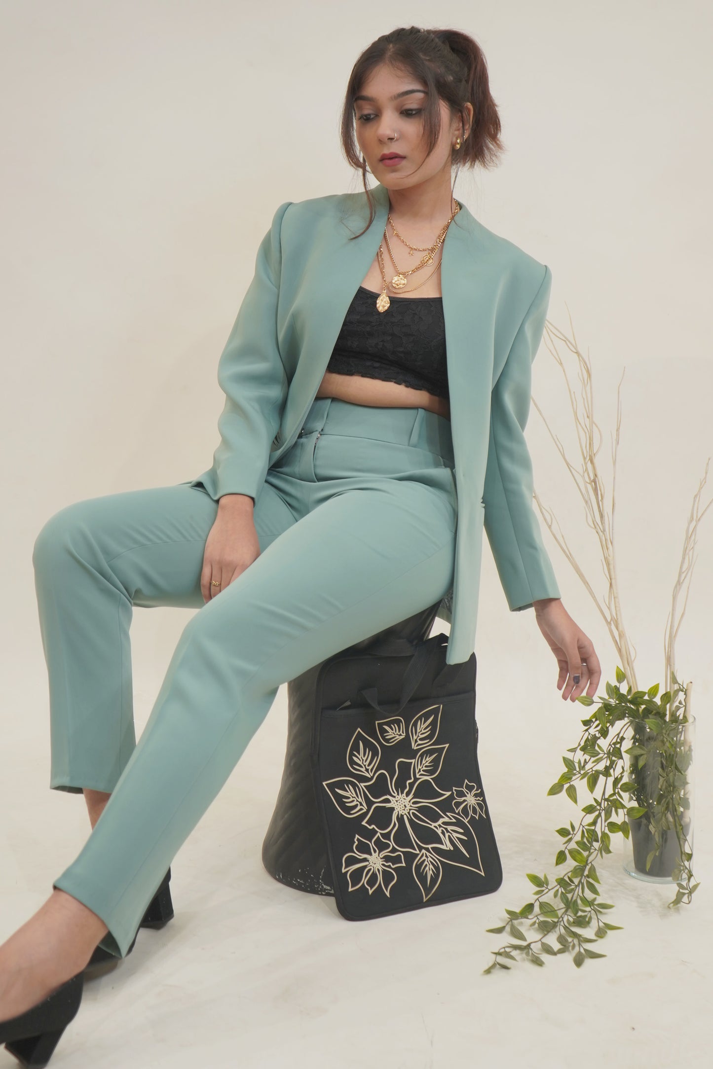 Sage Green Italian wool crepe 2 piece co-ord Blazer Set.