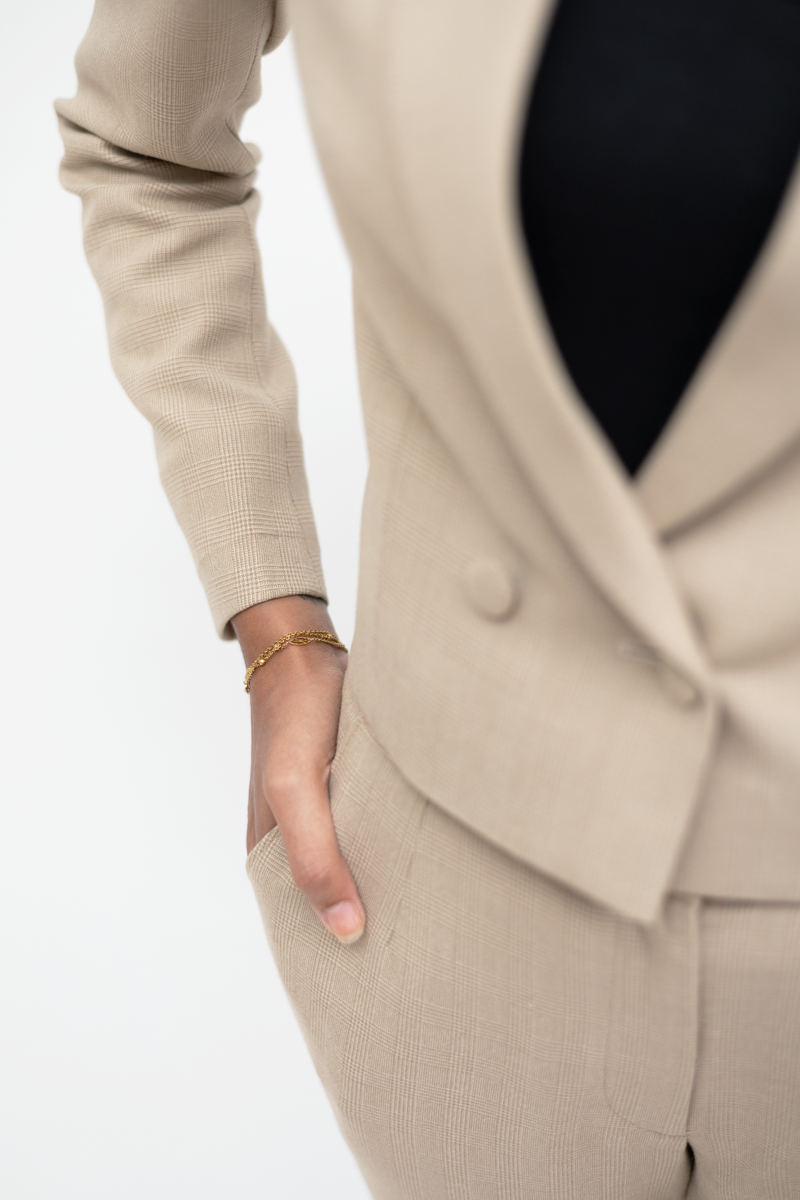 Beige Check Cropped Blazer Suit