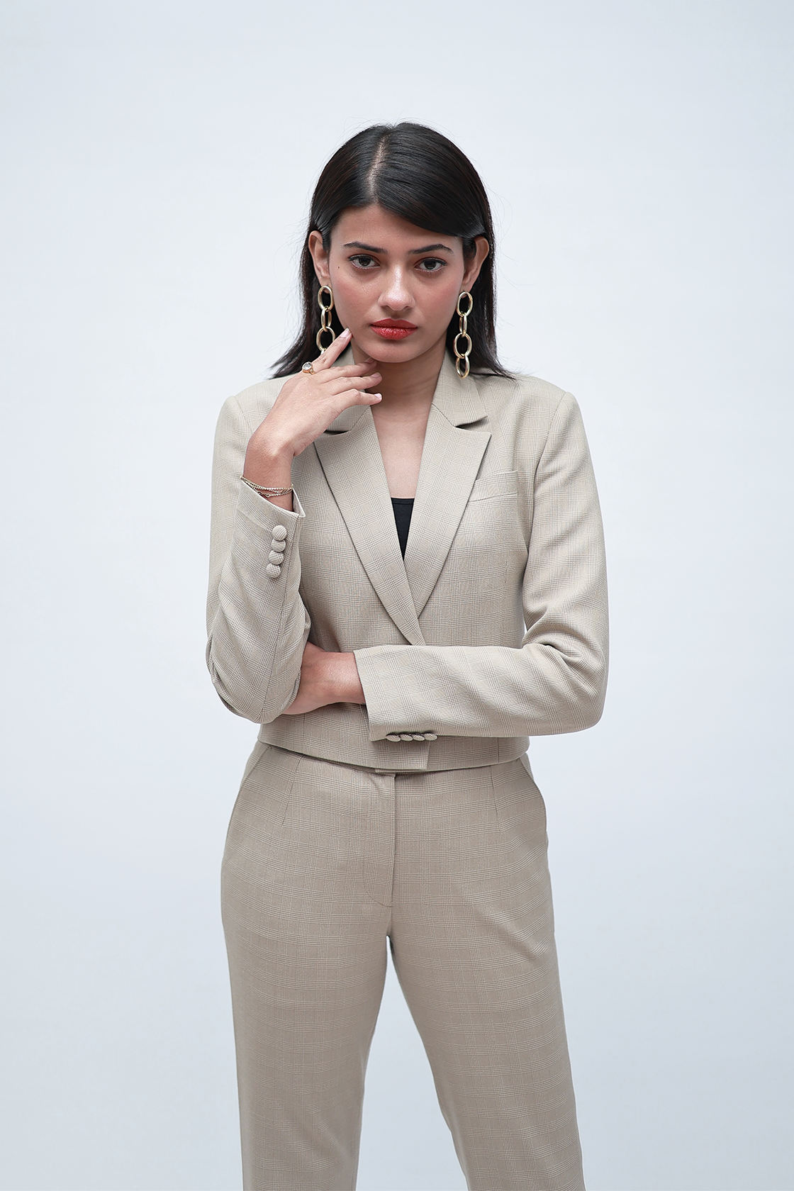 Beige Check Cropped Blazer Suit