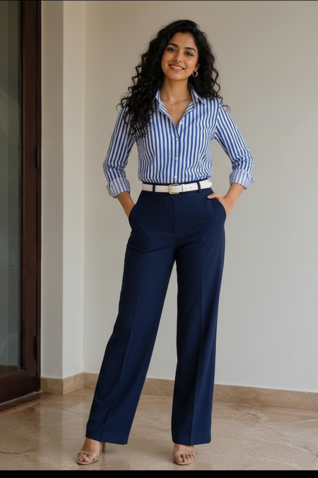 Women's Blue & White Self-Textured Co-ord Suit