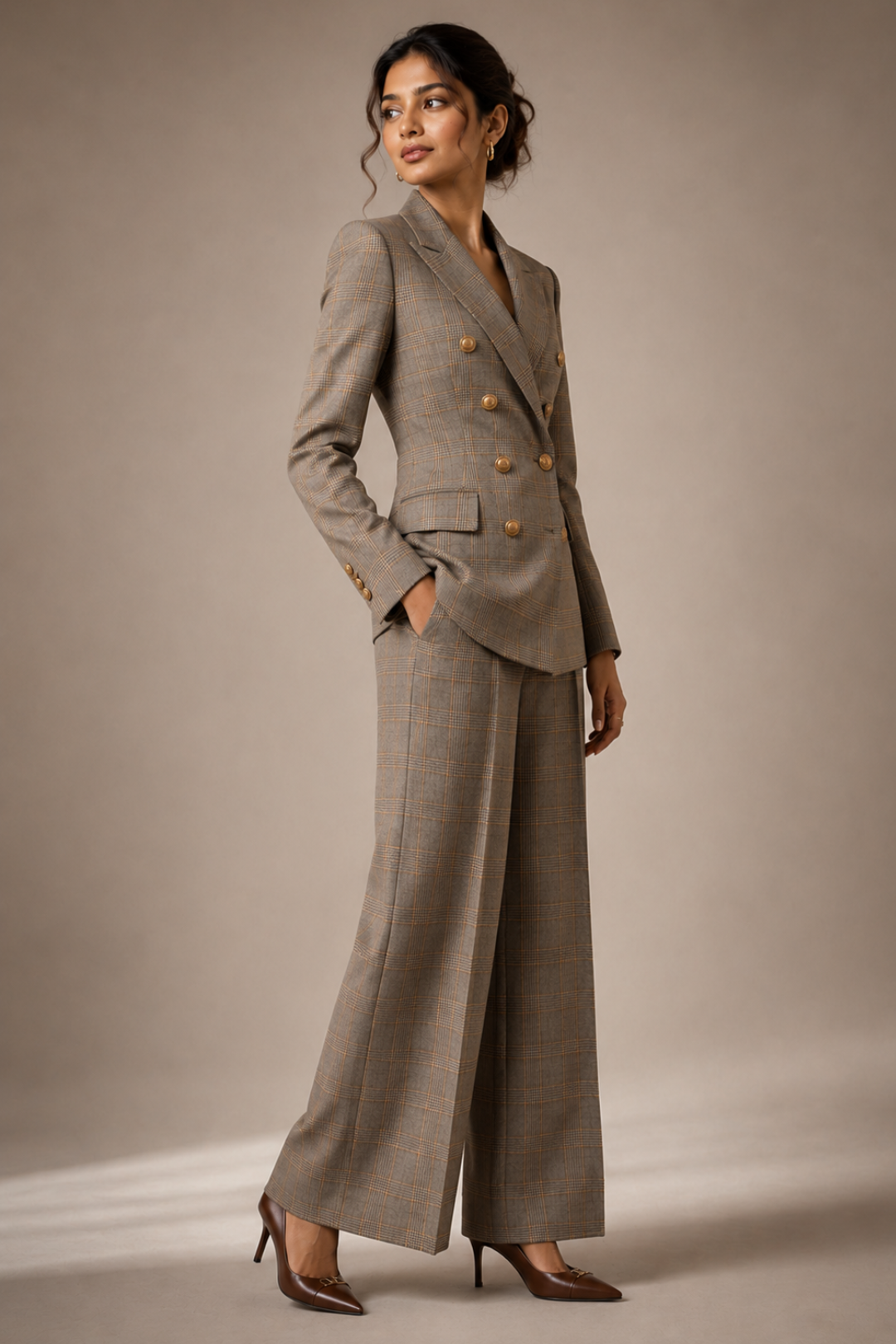 Women's Grey Check Double-Breasted Blazer & Wide-Leg Trouser Suit Set