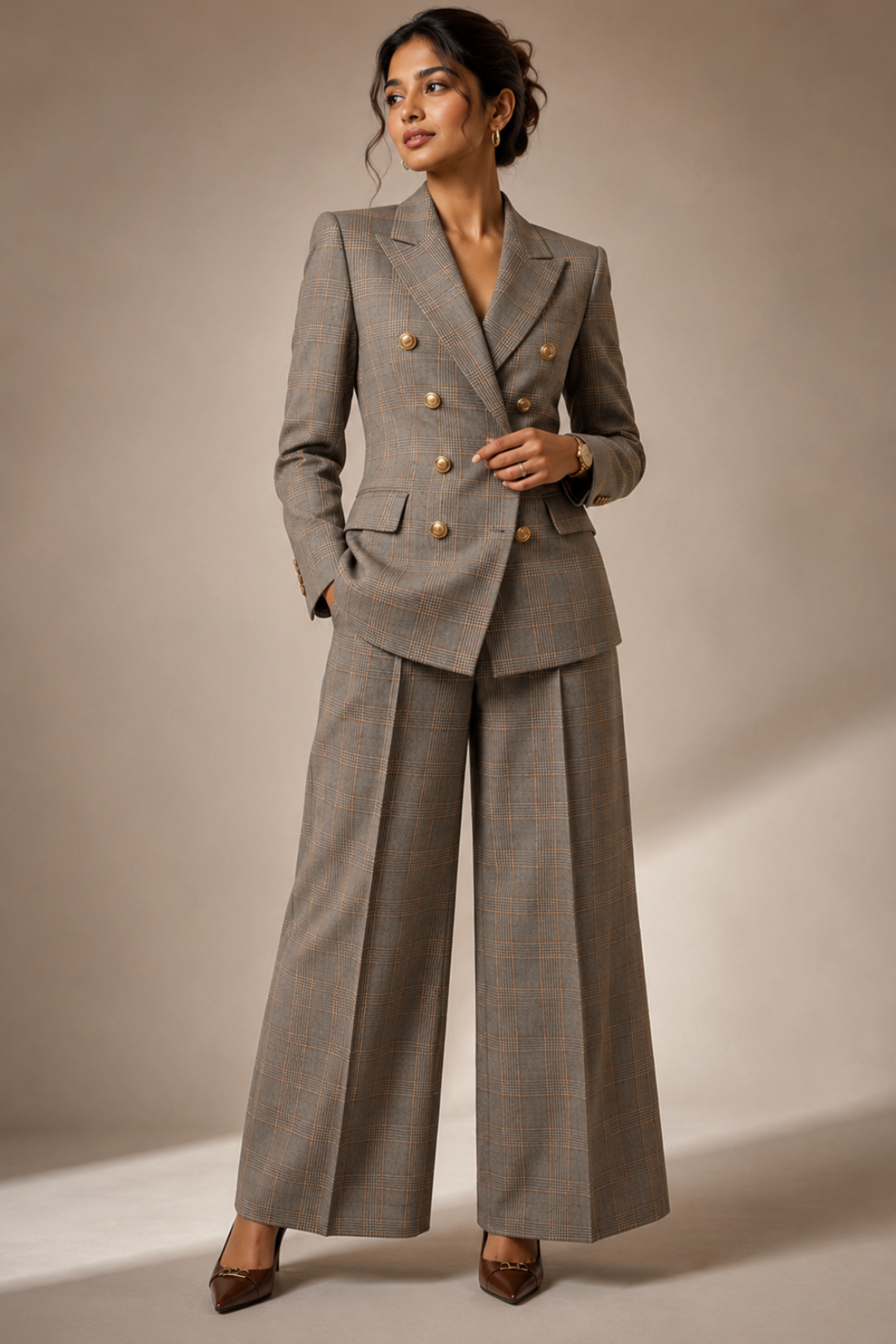 Women's Grey Check Double-Breasted Blazer & Wide-Leg Trouser Suit Set
