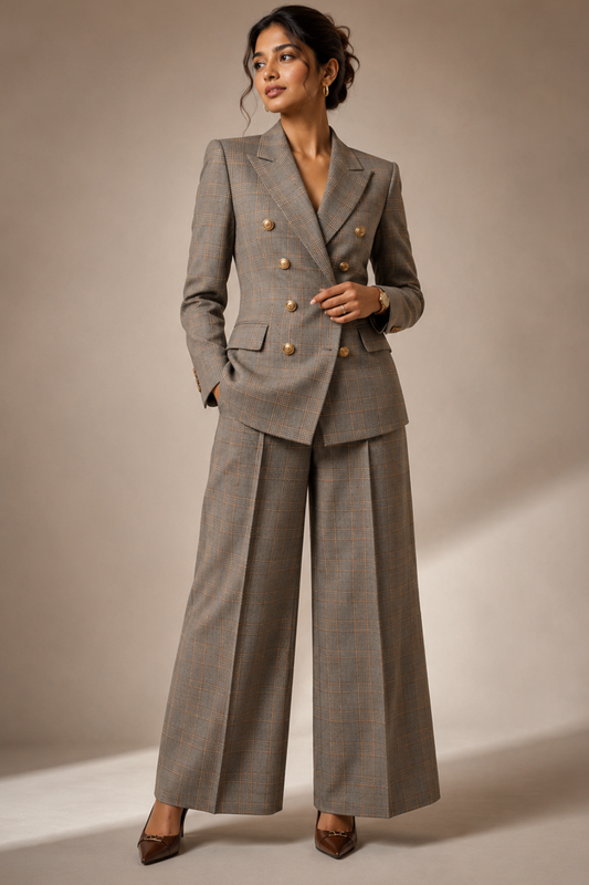 Women's Grey Check Double-Breasted Blazer & Wide-Leg Trouser Suit Set